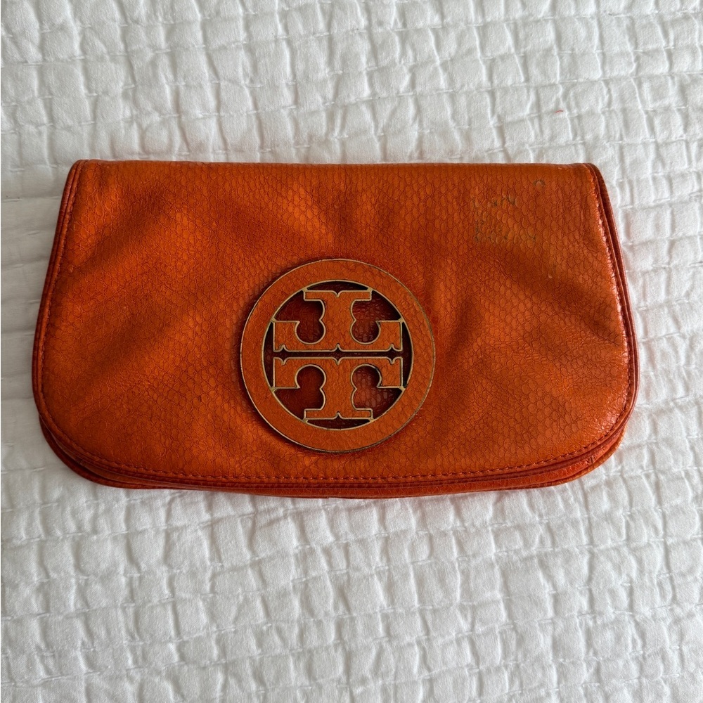 Tory Burch Orange Pebble Leather Clutch Gold Hardware